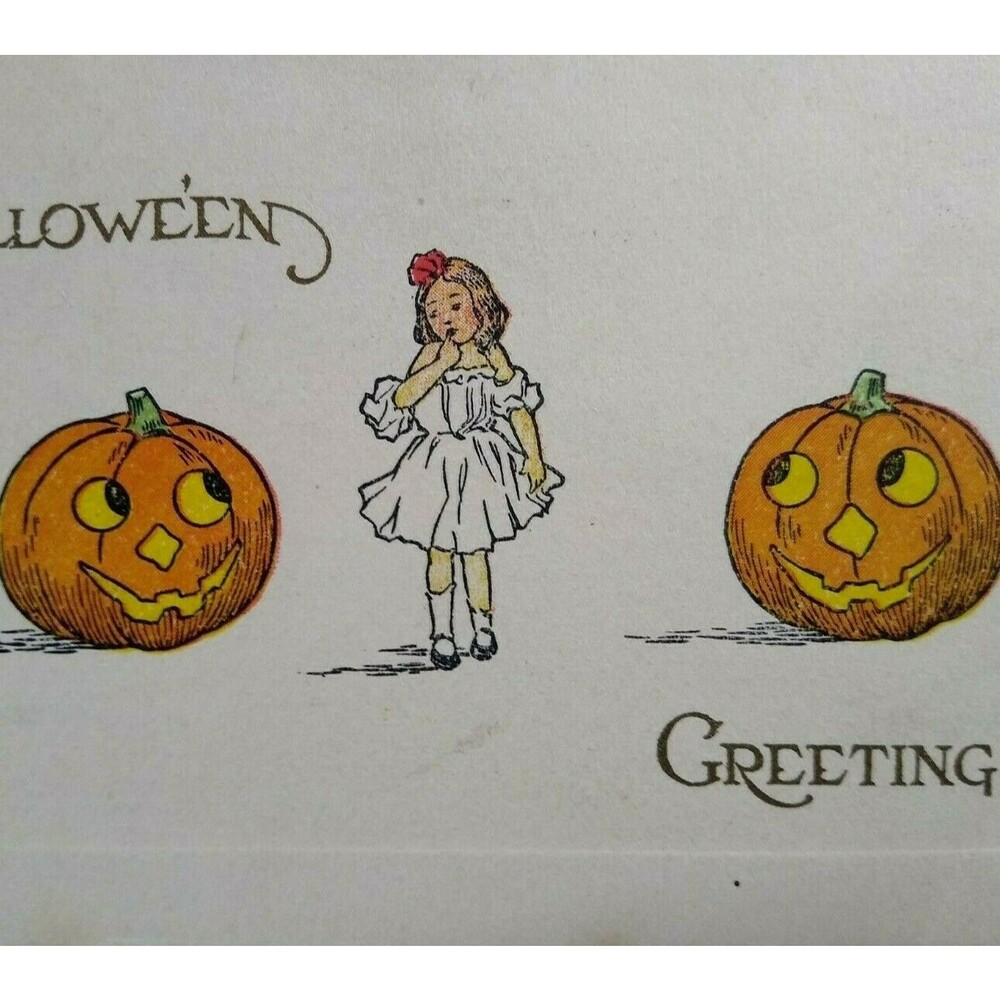 Antique Halloween Postcard Gibson Girl & Two Big JOL Pumpkins Washington DC 1911